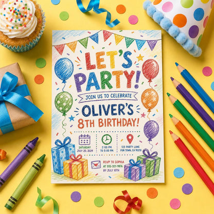 Editable Simple Colorful Birthday Invitation Canva Template, Rainbow Kids Cute Modern Fun DIY Chic Party Invite, Printable Digital Download.