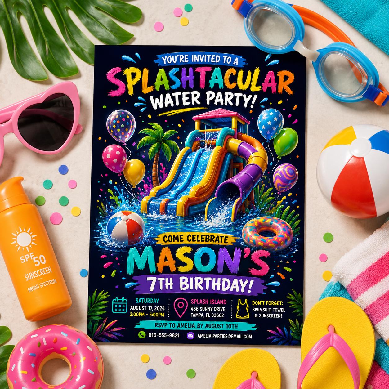 Editable Pool Birthday Invitation Canva Template, Kids Summer Cute Modern Fun Themed DIY Chic Teen Party Invite, Printable Digital Download.