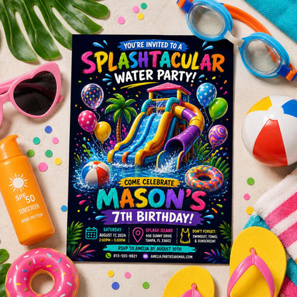 Editable Pool Birthday Invitation Canva Template, Kids Summer Cute Modern Fun Themed DIY Chic Teen Party Invite, Printable Digital Download.