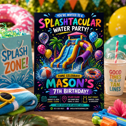 Editable Pool Birthday Invitation Canva Template, Kids Summer Cute Modern Fun Themed DIY Chic Teen Party Invite, Printable Digital Download.