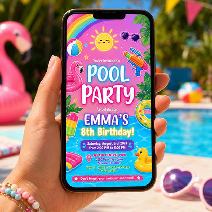 Editable Pool Birthday Invitation Canva Template, Blue Green Neon Boys Pool Cute Fun DIY Chic Kids Party Invite, Printable Digital Download.
