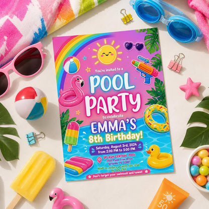 Editable Pool Birthday Invitation Canva Template, Blue Green Neon Boys Pool Cute Fun DIY Chic Kids Party Invite, Printable Digital Download.
