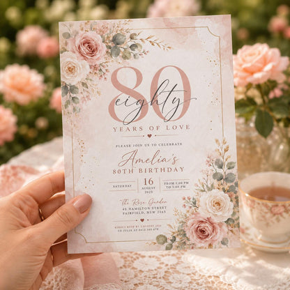 Editable Floral Birthday Invitation Canva Template, Blush Girls Adult Cute Fun DIY Sweet Chic Kids Party Invite, Printable Digital Download.