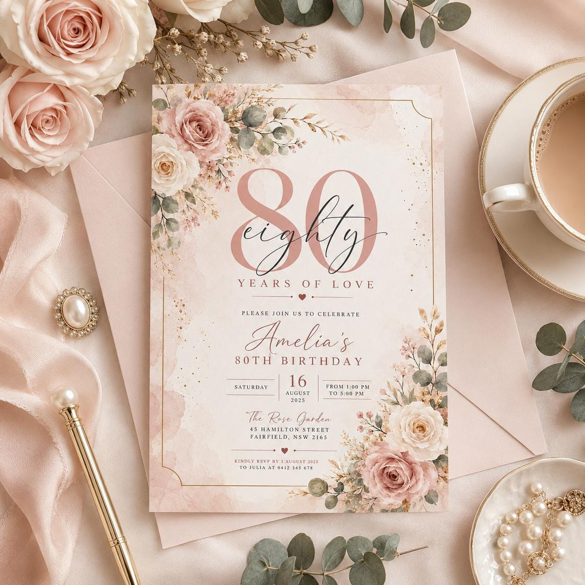 Editable Floral Birthday Invitation Canva Template, Blush Girls Adult Cute Fun DIY Sweet Chic Kids Party Invite, Printable Digital Download.
