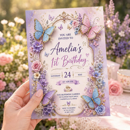Editable Butterfly Birthday Invitation Canva Template, Pink Purple Floral Kids Cute Modern Fun DIY Party Invite, Printable Digital Download.