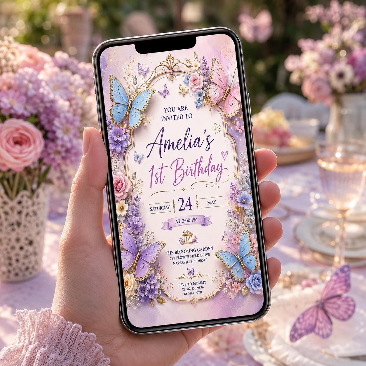 Editable Butterfly Birthday Invitation Canva Template, Pink Purple Floral Kids Cute Modern Fun DIY Party Invite, Printable Digital Download.