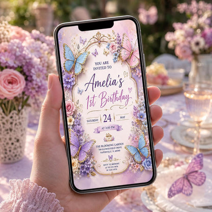 Editable Butterfly Birthday Invitation Canva Template, Pink Purple Floral Kids Cute Modern Fun DIY Party Invite, Printable Digital Download.