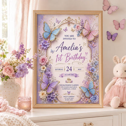 Editable Butterfly Birthday Invitation Canva Template, Pink Purple Floral Kids Cute Modern Fun DIY Party Invite, Printable Digital Download.