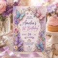 Editable Butterfly Birthday Invitation Canva Template, Pink Purple Floral Kids Cute Modern Fun DIY Party Invite, Printable Digital Download.