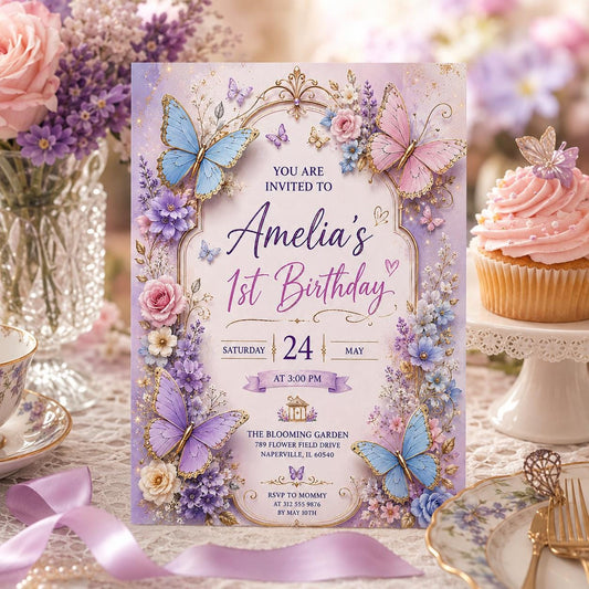 Editable Butterfly Birthday Invitation Canva Template, Pink Purple Floral Kids Cute Modern Fun DIY Party Invite, Printable Digital Download.