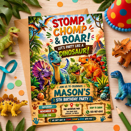 Editable Dinosaur Birthday Invitation Canva Template, Boys Dino Cute Modern Fun DIY Chic Kids Teen Party Invite, Printable Digital Download.