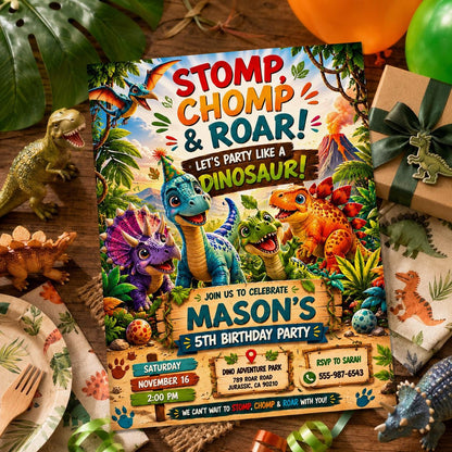 Editable Dinosaur Birthday Invitation Canva Template, Boys Dino Cute Modern Fun DIY Chic Kids Teen Party Invite, Printable Digital Download.