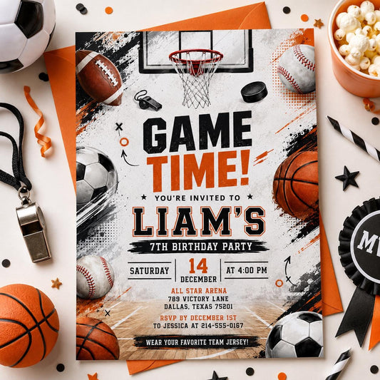 Editable Basketball Birthday Invitation Canva Template, Boys Sports Sport Cute Modern Fun DIY Chic Party Invite, Printable Digital Download.