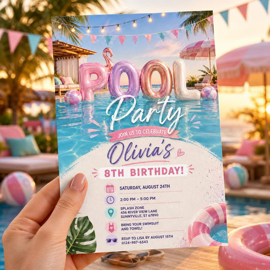 Editable Pool Birthday Invitation Canva Template, Pink Pastel Girls Pool Cute Modern Fun DIY Sweet Party Invite, Printable Digital Download.