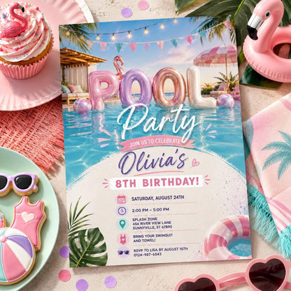 Editable Pool Birthday Invitation Canva Template, Pink Pastel Girls Pool Cute Modern Fun DIY Sweet Party Invite, Printable Digital Download.