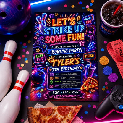 Editable Neon Glow Birthday Invitation Canva Template, Boys Teens Neon Cute Fun DIY Chic Kids Teen Party Invite, Printable Digital Download.