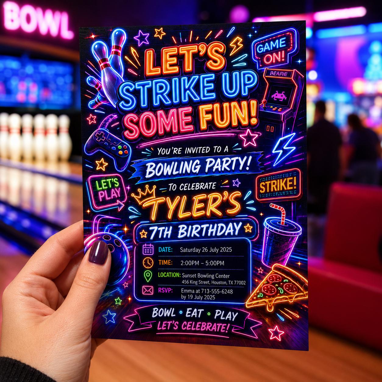 Editable Neon Glow Birthday Invitation Canva Template, Boys Neon Cute Fun DIY Sweet Chic Kids Teen Party Invite, Printable Digital Download.