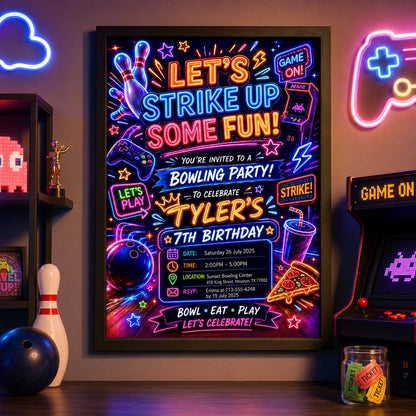 Editable Neon Glow Birthday Invitation Canva Template, Boys Neon Cute Fun DIY Sweet Chic Kids Teen Party Invite, Printable Digital Download.