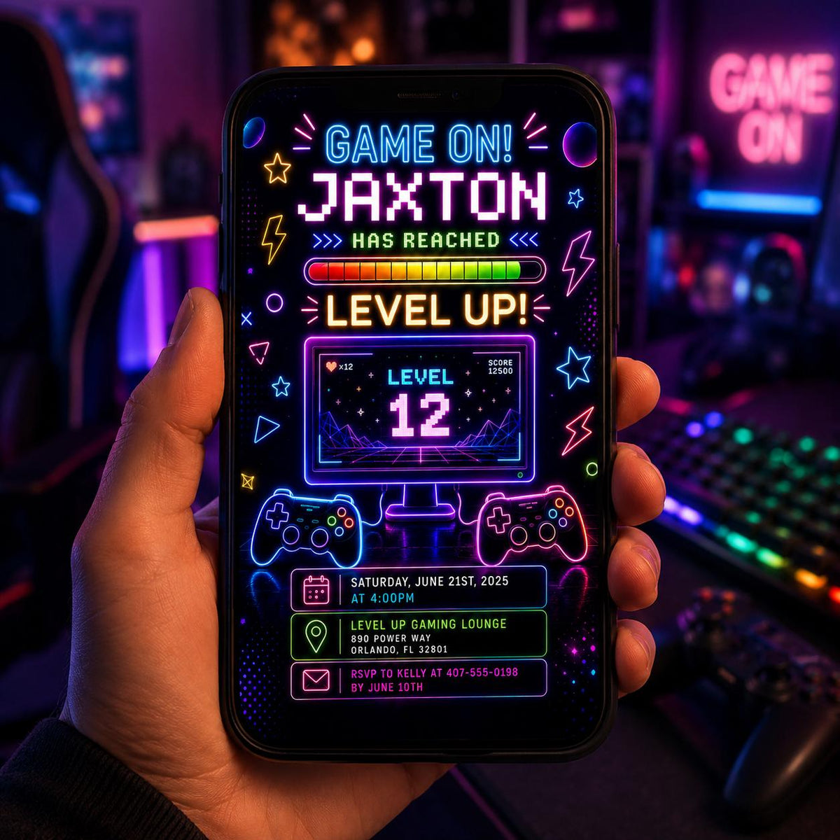 Editable Neon Glow Birthday Invitation Canva Template, Boys Neon Cute Fun DIY Sweet Chic Kids Teen Party Invite, Printable Digital Download.