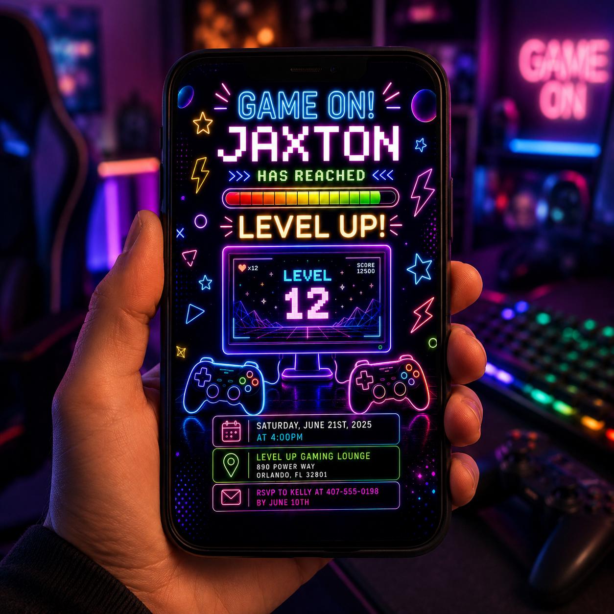 Editable Neon Glow Birthday Invitation Canva Template, Boys Neon Cute Fun DIY Sweet Chic Kids Teen Party Invite, Printable Digital Download.