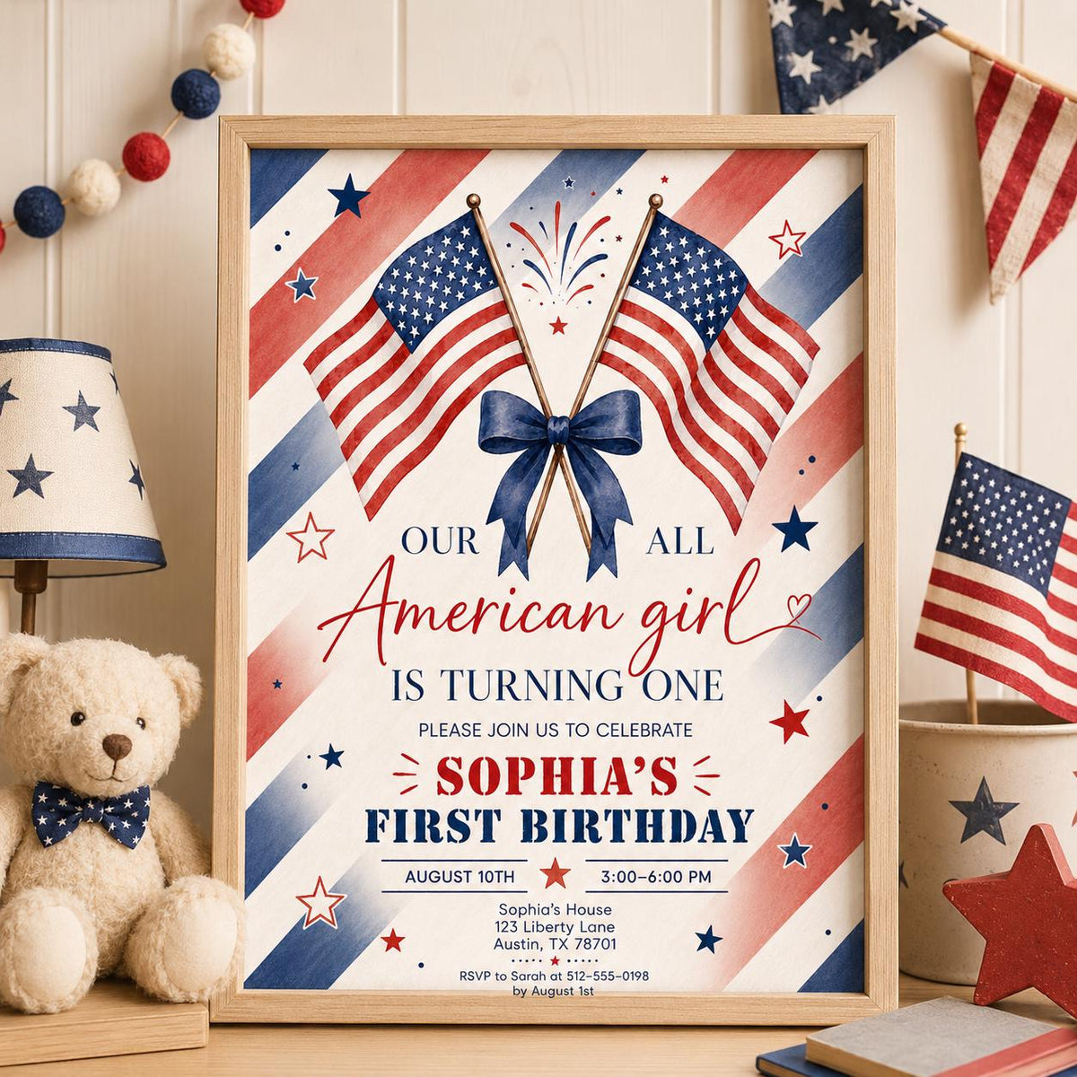 Editable All American Birthday Invitation Canva Template, Blue White Red Girls Kids Modern Fun DIY Party Invite, Printable Digital Download.
