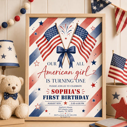 Editable All American Birthday Invitation Canva Template, Blue White Red Girls Kids Modern Fun DIY Party Invite, Printable Digital Download.