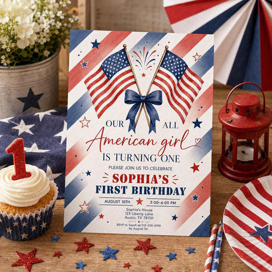 Editable All American Birthday Invitation Canva Template, Blue White Red Girls Kids Modern Fun DIY Party Invite, Printable Digital Download.