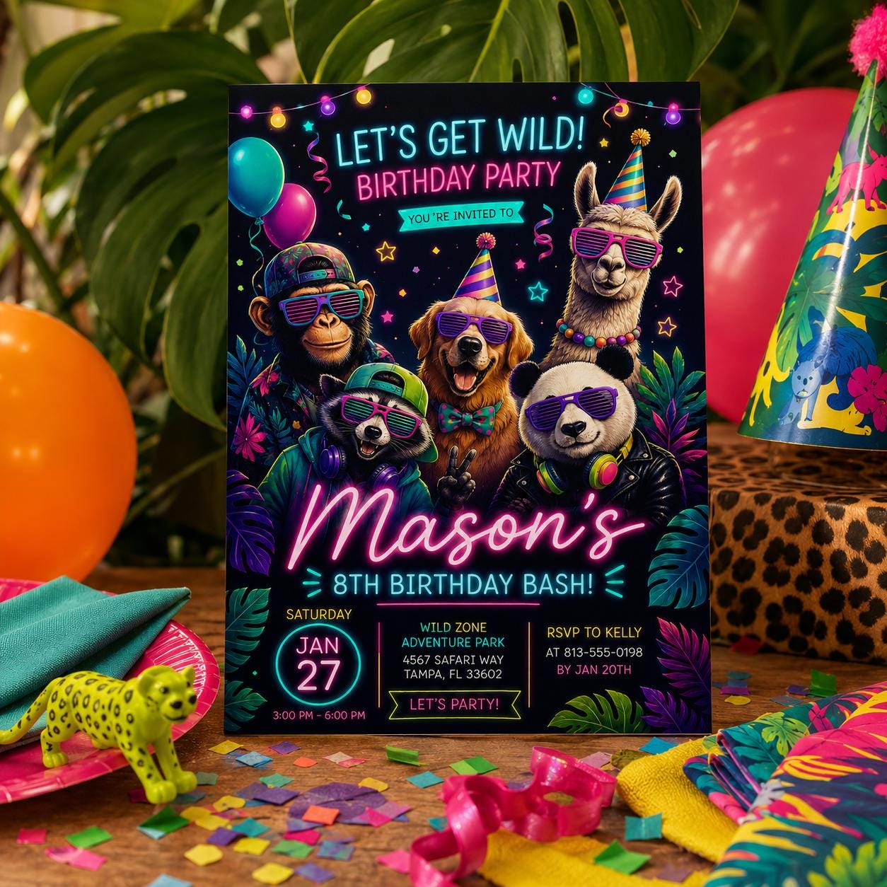 Editable Neon Glow Birthday Invitation Canva Template, Cute Kids Neon Modern Fun Themed Custom DIY Party Invite, Printable Digital Download.