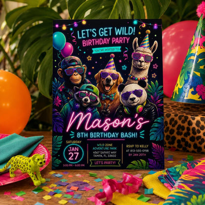 Editable Neon Glow Birthday Invitation Canva Template, Cute Kids Neon Modern Fun Themed Custom DIY Party Invite, Printable Digital Download.