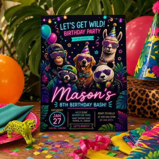 Editable Neon Glow Birthday Invitation Canva Template, Cute Kids Neon Modern Fun Themed Custom DIY Party Invite, Printable Digital Download.
