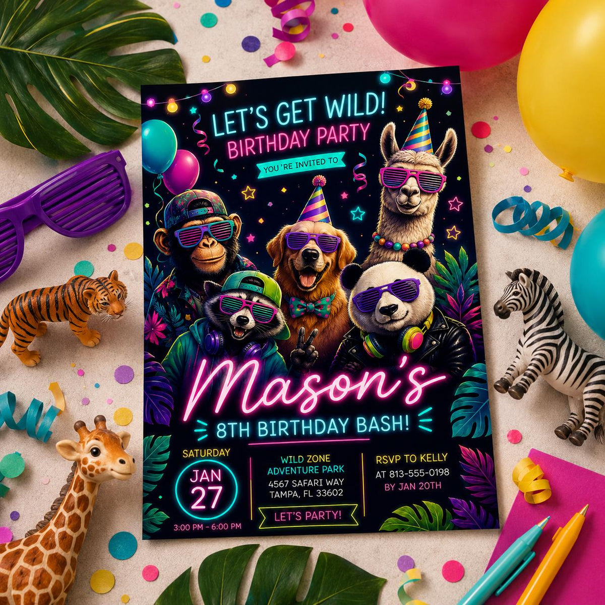 Editable Neon Glow Birthday Invitation Canva Template, Cute Kids Neon Modern Fun Themed Custom DIY Party Invite, Printable Digital Download.