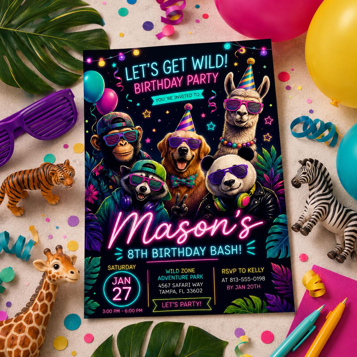 Editable Neon Glow Birthday Invitation Canva Template, Cute Kids Neon Modern Fun Themed Custom DIY Party Invite, Printable Digital Download.