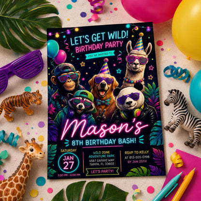 Editable Neon Glow Birthday Invitation Canva Template, Cute Kids Neon Modern Fun Themed Custom DIY Party Invite, Printable Digital Download.