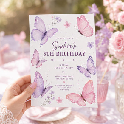 Editable Butterfly Birthday Invitation Canva Template, Pink Purple Pastel Floral Kids Cute Fun DIY Party Invite, Printable Digital Download.