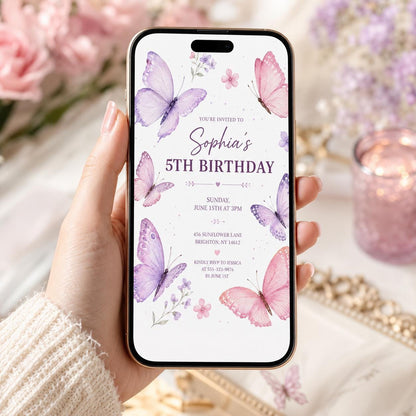 Editable Butterfly Birthday Invitation Canva Template, Pink Purple Pastel Floral Kids Cute Fun DIY Party Invite, Printable Digital Download.