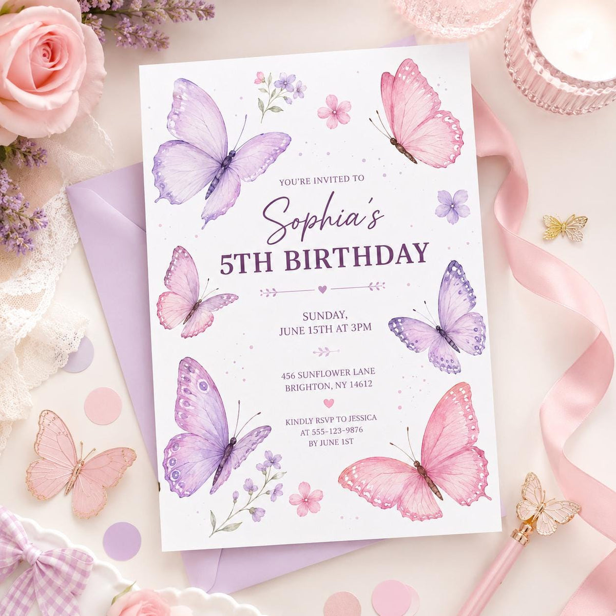 Editable Butterfly Birthday Invitation Canva Template, Pink Purple Pastel Floral Kids Cute Fun DIY Party Invite, Printable Digital Download.
