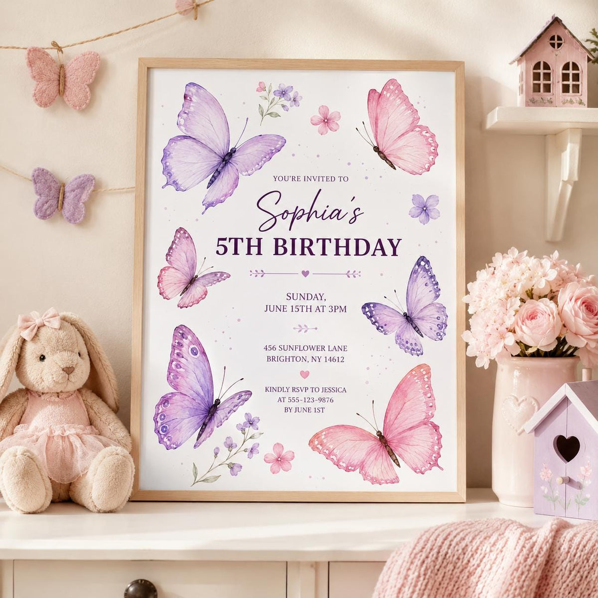Editable Butterfly Birthday Invitation Canva Template, Pink Purple Pastel Floral Kids Cute Fun DIY Party Invite, Printable Digital Download.