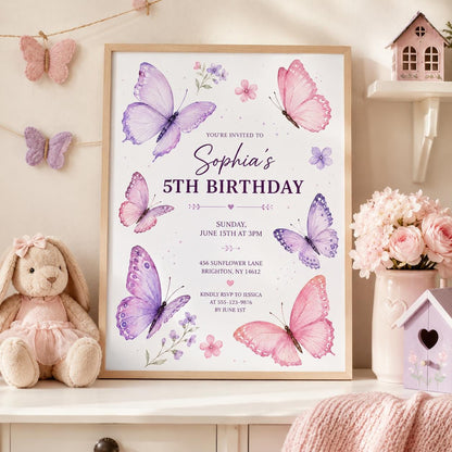 Editable Butterfly Birthday Invitation Canva Template, Pink Purple Pastel Floral Kids Cute Fun DIY Party Invite, Printable Digital Download.