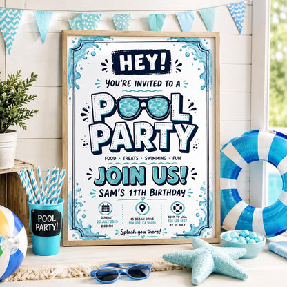 Editable Pool Birthday Invitation Canva Template, Boys Teens Pool Cute Modern Fun Themed DIY Sweet Party Invite, Printable Digital Download.