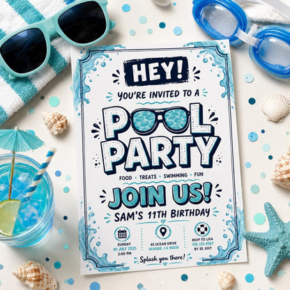 Editable Pool Birthday Invitation Canva Template, Boys Teens Pool Cute Modern Fun Themed DIY Sweet Party Invite, Printable Digital Download.