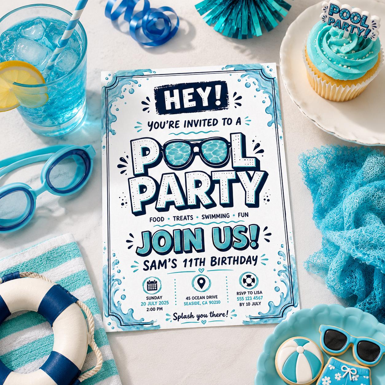 Editable Pool Birthday Invitation Canva Template, Boys Teens Pool Cute Modern Fun Themed DIY Sweet Party Invite, Printable Digital Download.