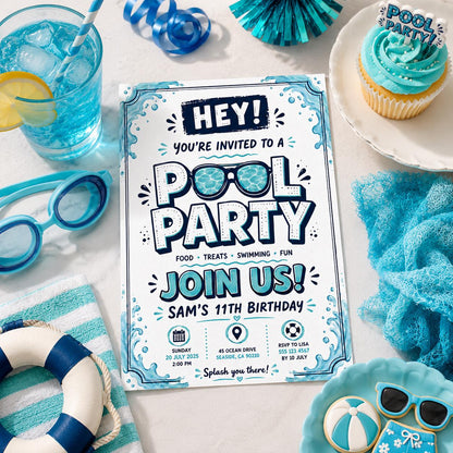 Editable Pool Birthday Invitation Canva Template, Boys Teens Pool Cute Modern Fun Themed DIY Sweet Party Invite, Printable Digital Download.