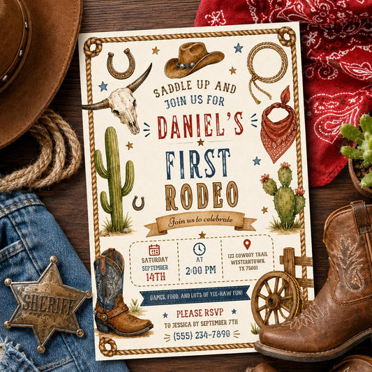 Editable Cowboy Birthday Invitation Canva Template, Boys Kids Cowboy Cute Modern Fun DIY Chic Teen Party Invite, Printable Digital Download.