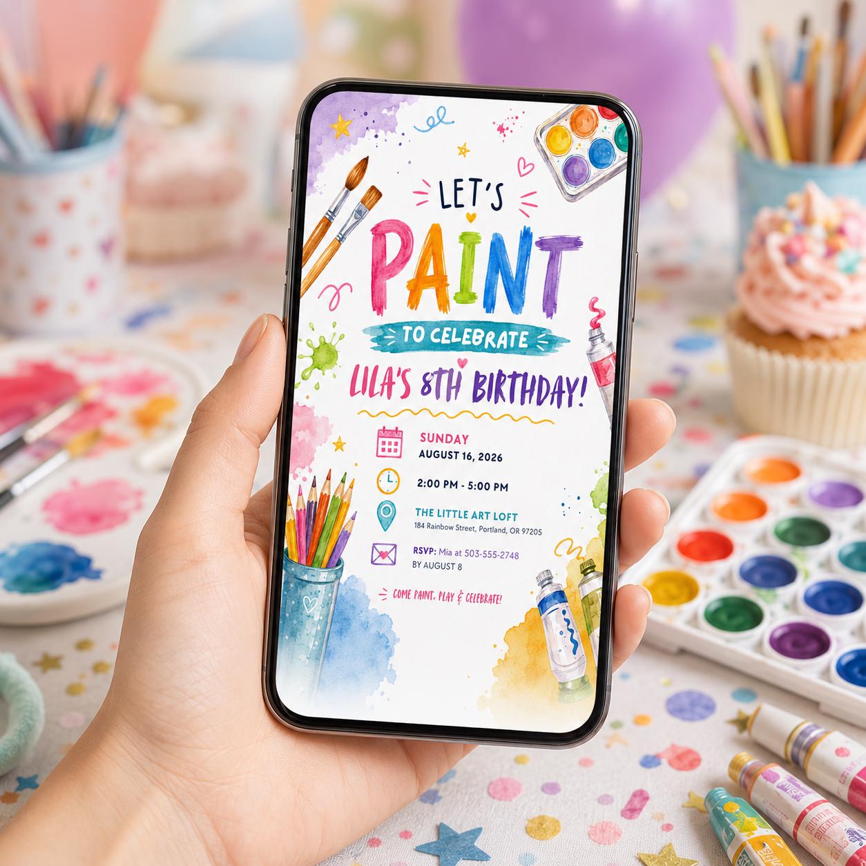 Editable Art Paint Birthday Invitation Canva Template, Pastel Girls Cute Modern Fun DIY Sweet Chic Party Invite, Printable Digital Download.