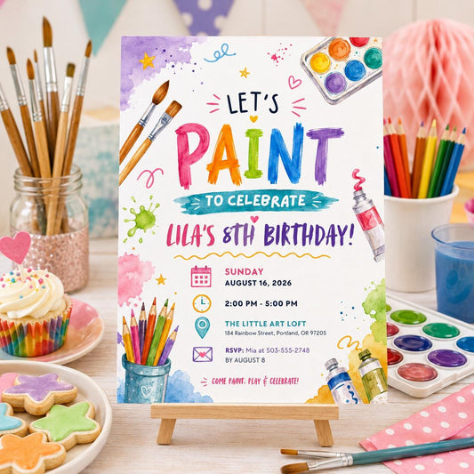 Editable Art Paint Birthday Invitation Canva Template, Pastel Girls Cute Modern Fun DIY Sweet Chic Party Invite, Printable Digital Download.