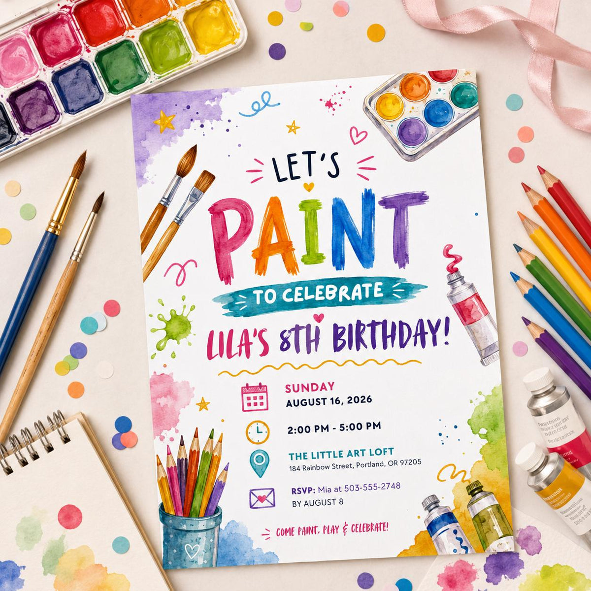 Editable Art Paint Birthday Invitation Canva Template, Pastel Girls Cute Modern Fun DIY Sweet Chic Party Invite, Printable Digital Download.