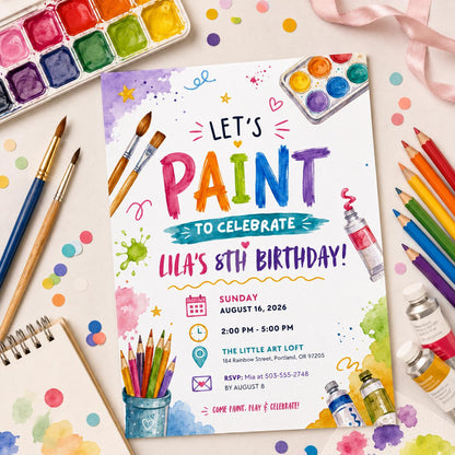 Editable Art Paint Birthday Invitation Canva Template, Pastel Girls Cute Modern Fun DIY Sweet Chic Party Invite, Printable Digital Download.