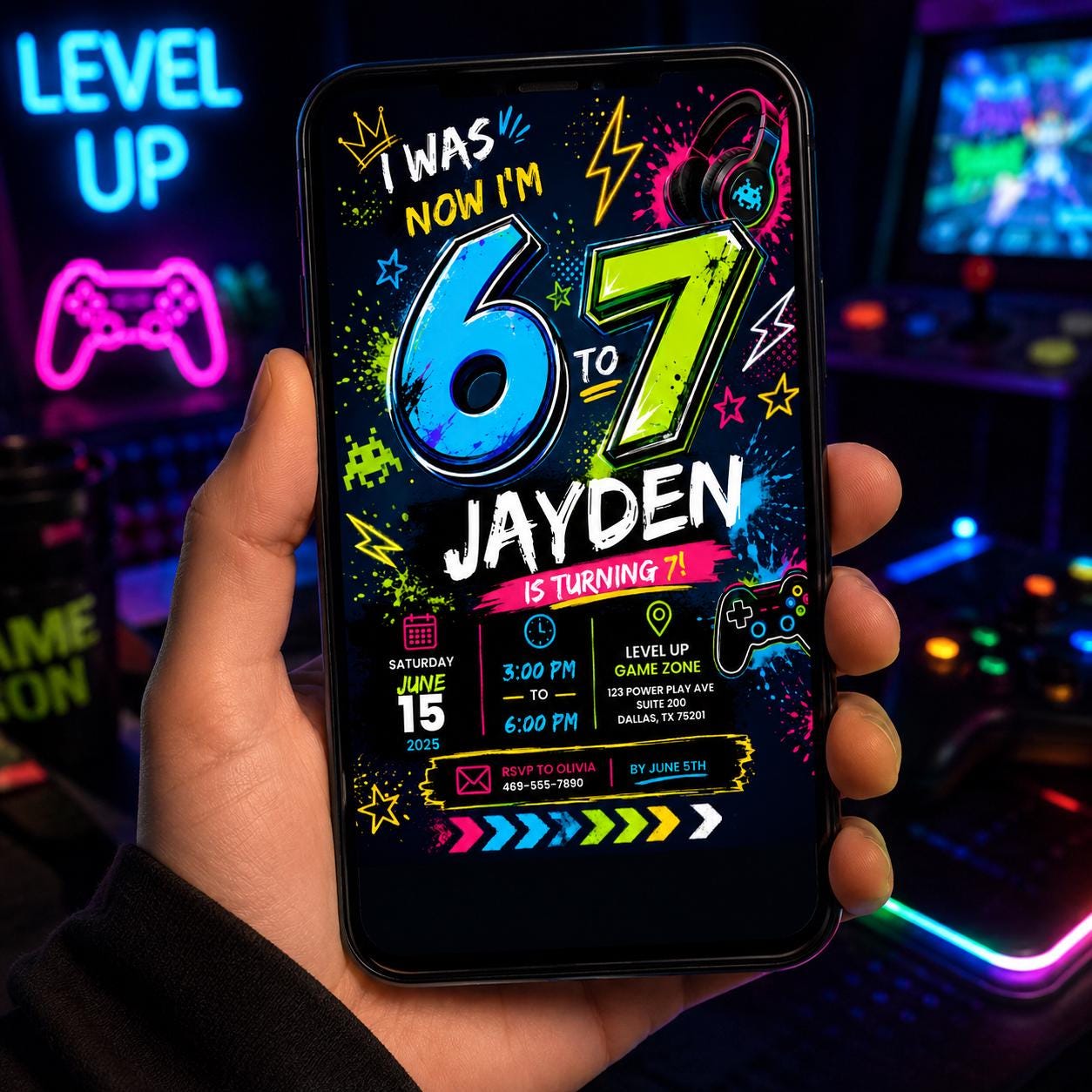Editable Six Seven Birthday Invitation Canva Template, Boys Kids Teens Cute Modern Fun Instant DIY Party Invite, Printable Digital Download.