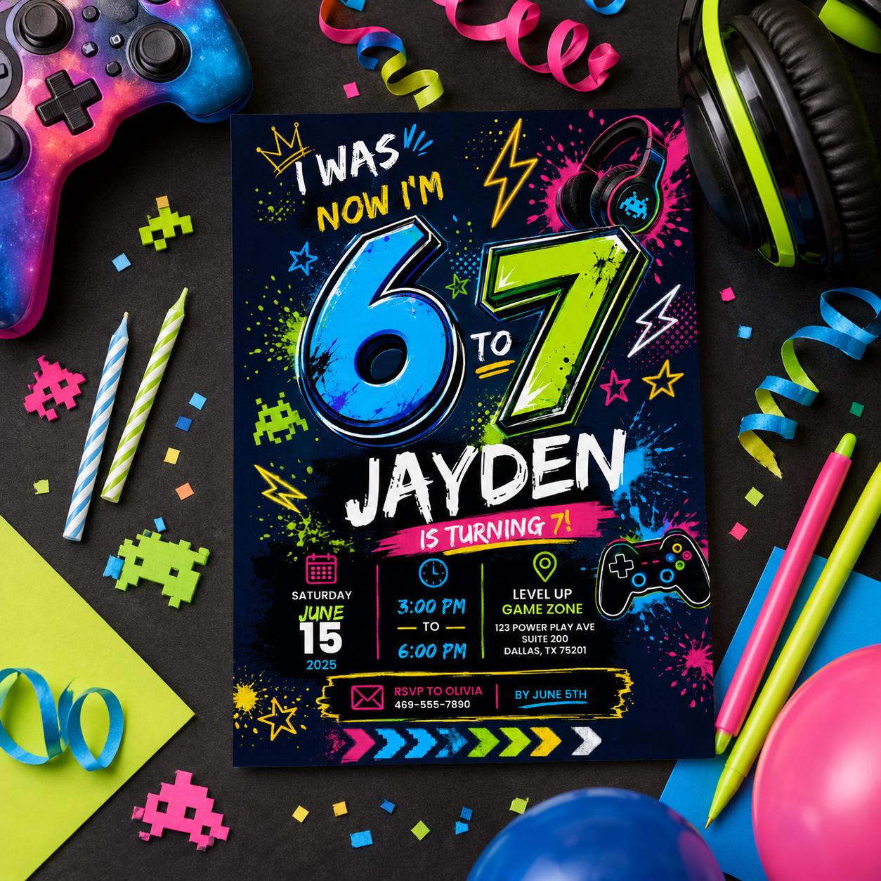 Editable Six Seven Birthday Invitation Canva Template, Boys Kids Teens Cute Modern Fun Instant DIY Party Invite, Printable Digital Download.