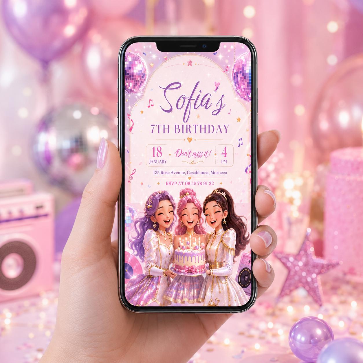 Editable Neon Pop Music Birthday Invitation Canva Template, Girls Concert Ticket Style Bright Glow Party Invite, Printable Digital Download.